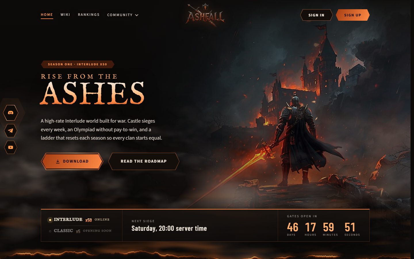 Home: hero, server strip, countdown