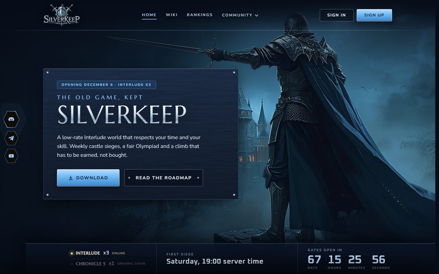 Home: hero, server strip, countdown